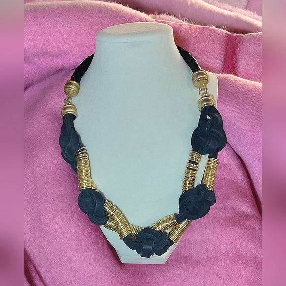 Artizan By Keren Gold Tone & Black Leather Knotted Necklace - Picture 2 of 9